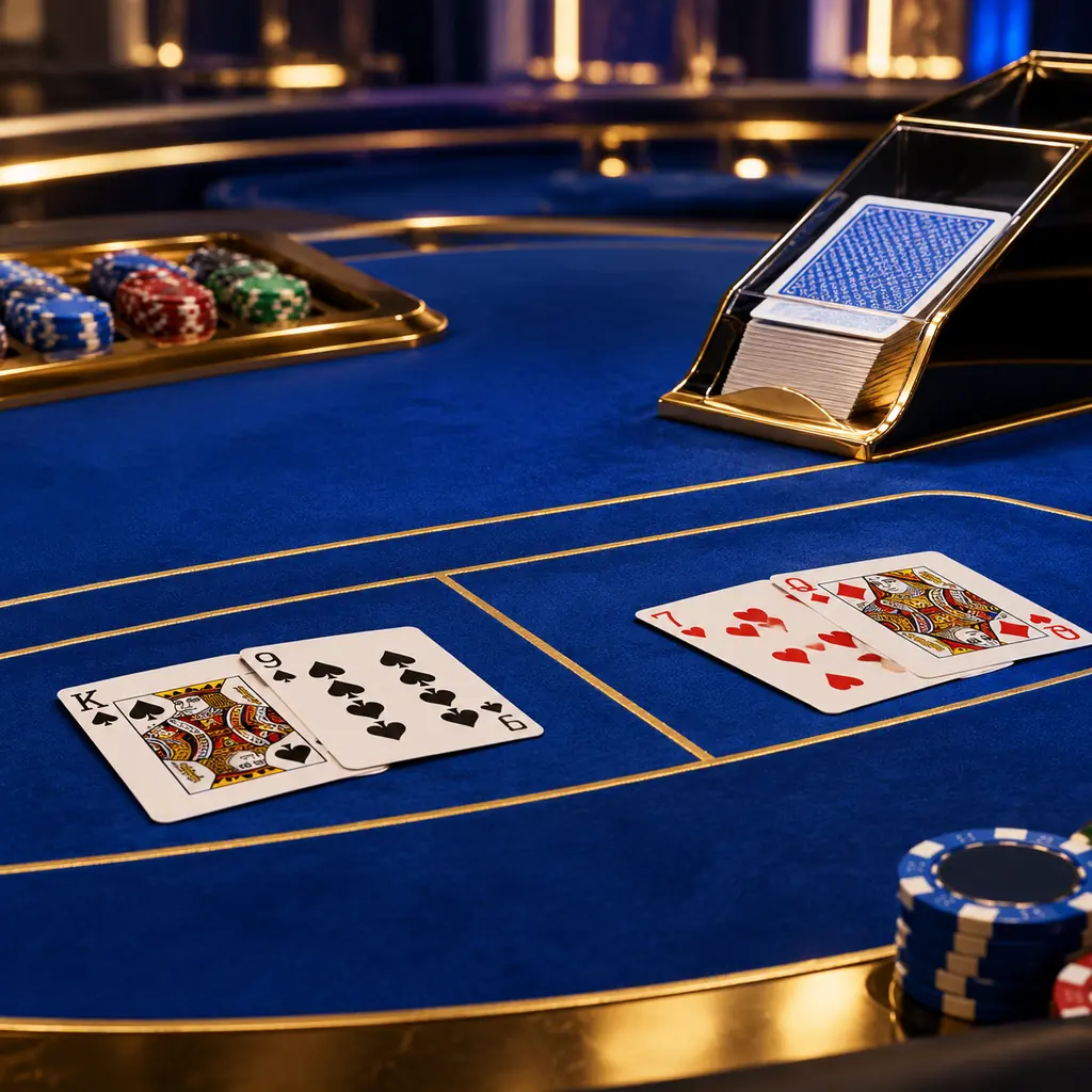 Kartu dan sepatu kartu di meja baccarat biru kobalt