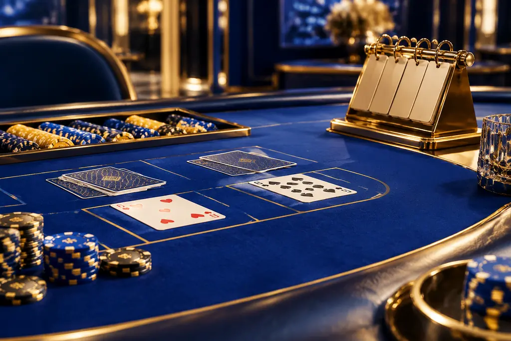Lembar aturan di meja baccarat dengan kartu dan keping casino