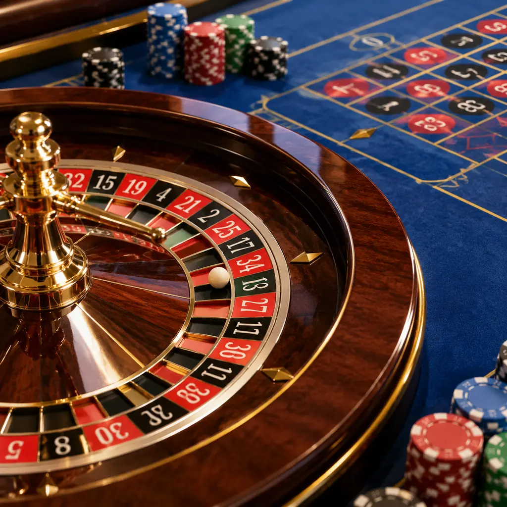 Roda roulette dan bola di meja casino berwarna biru kobalt