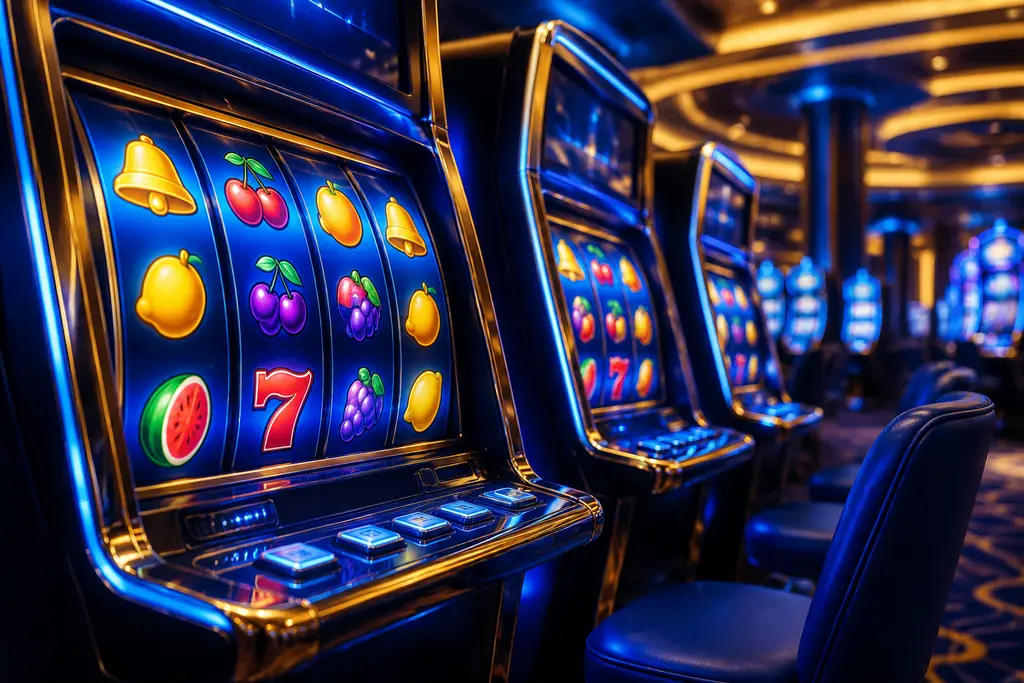 Mesin slot dengan gulungan simbol di ruang casino