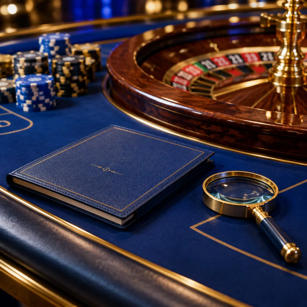 Buku bantuan di samping roda roulette dan keping casino